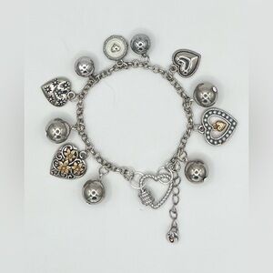 Mixed Metal Heart Charm Bracelet with Floral Accents